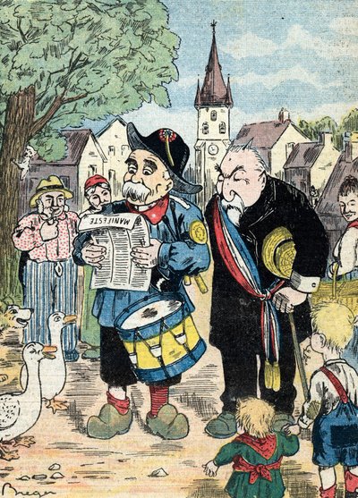 Karikatyr föreställande Georges Clemenceau och Emile Combes som kampanjar tillsammans i de franska kampanjerna inför valet 1913 (Caricature showing French statesmen Emile Combes and Georges Clemenceau running together for presidential elections of 1913) Il av Unknown Artist