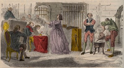 Fall av krage, rättegången (1785-1786): Jeanne de Valois-Saint-Remy (Valois Saint Remy), grevinnan de La Motte (Lamotte) eller grevinnan de La Motte Valois (Lamotte-Valois, La Motte-Valois) ( 1756-1791) inför parlamentet i Paris. Gravyr från 1800-talet av Unknown artist