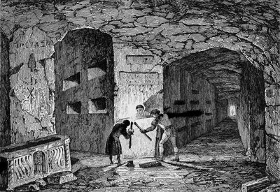 Katakomberna i Rom. Gravyr 1800-talet. av Unknown artist