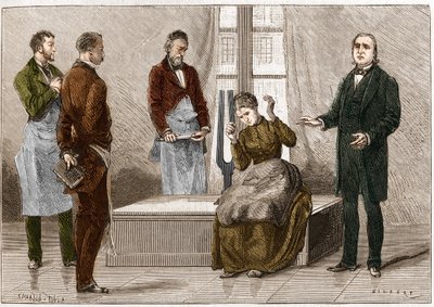 Katalepsi producerad under påverkan av ljud (Diapason). Den franske neurologen Jean Martin Charcot (1825-1893) (till höger) demonstrerar hypnos på en patient på sjukhuset i Salpetriere. Illustration hämtad från "" Nature"" 1879 av Unknown artist