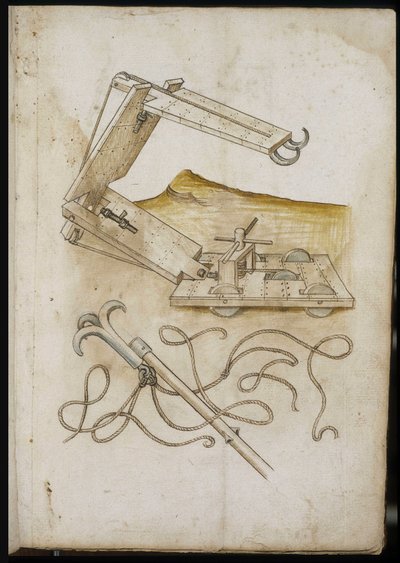 Catapult and Hook System - Manuskript: pergamentark av en ingenjörsmanual för konstruktion av civila, religiösa och militära byggnader, anonymt, sent 1400-tal (figur med kinesiskt bläck) av Unknown artist