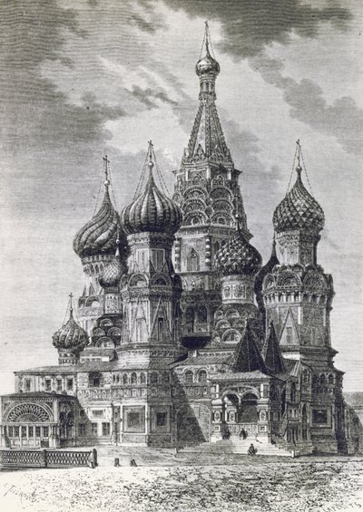 Katedralen för skydd av den heligaste Theotokos på vallgraven eller Sankt Basilius-katedralen på Röda torget i Moskva, Ryssland, gravyr från Free Russia av Unknown artist