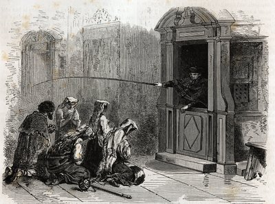 Katolska utövare i bön, som tar emot vanlig ånger, piskor administrerade av en präst från båset. Gravyr för att illustrera historien om Stilla veckan i Rom, 1863, av Ludovic Celler, i "Le tour du monde, nouveau journal des voyages"" public av Unknown artist