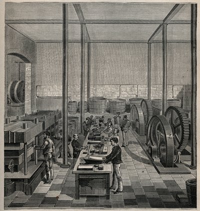 Celluloid: celluloidtillverkning. Gravyr från 1885 i "" Les arts et metiers illustres"" av Adolphe BITARD. av Unknown artist