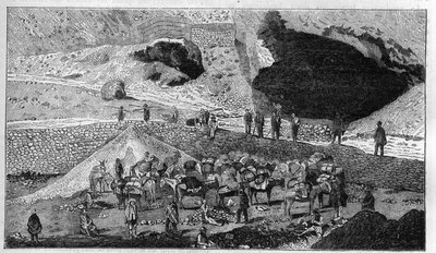 Cerro de Pasco silvergruva i Peru: transport av malm på baksidan av Mulet. Gravyr i "" La Nature"" av Unknown artist