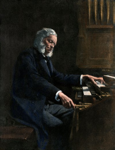 Cesar Franck (1822-1890) spelar orgel i kyrkan Saint Clothilde i Paris (Frankrike) - Colorisee-illustration av Unknown Artist