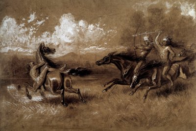 Anklagelse om indianer som rider mot en fiende till en annan stam. Anonym teckning från 1800-talet. La Rochelle, New World Museum av Unknown artist