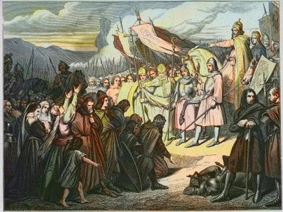 Karl den Store accepterar Wittekinds kapitulation i Paderborn (785) - Karl den Stores seger (742-814) över den saxiska armen av Widukind av Sachsen (Wittekind) 785 (Widukind eller Witikind - Widukind of Saxon wars: germansk ledare för Saxons Widukind kapit av Unknown artist