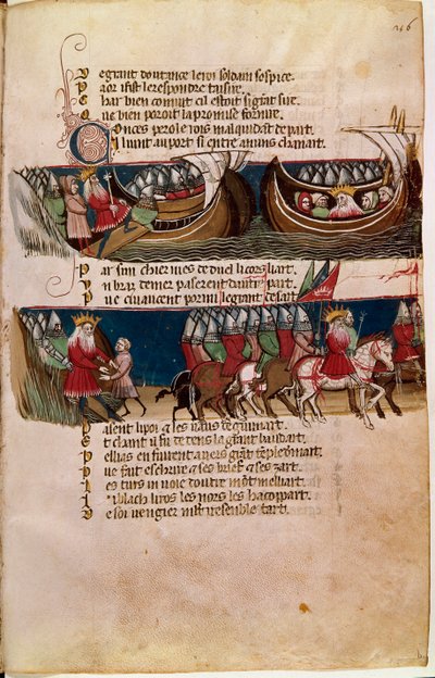 Karl den Store seglar upp på ett skepp och guidar nedan sina arméer under sina erövringar (miniatyr av Unknown artist