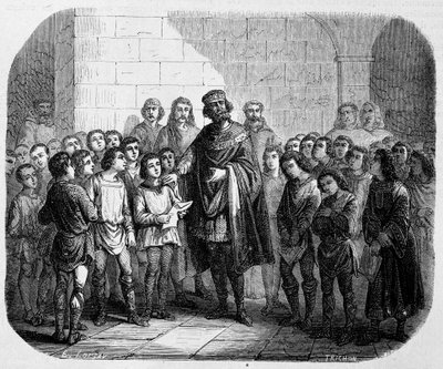 Karl den Store besöker en skola - i "" Historien om påvar, kungar, drottningar, kejsare, genom århundradena" av Maurice Lachatre av Unknown artist