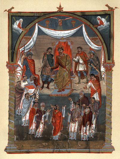 Karl II den skallige (823 - 877), kung av Frankrike som tar emot en delegation av munkar från Tours. Faksimil i kromolitografi från 1800-talet efter en miniatyr från 1000-talet bevarad på B.N. de Paris. av Unknown artist