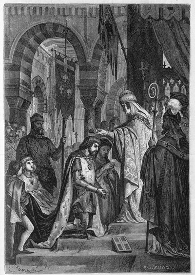 Karl I av Anjou (Karl I av Sicilien) (1226-1285) investerades i kungariket Sicilien den 28/06/1265 av påven Clemens IV (v. 1195-1268). av Unknown artist