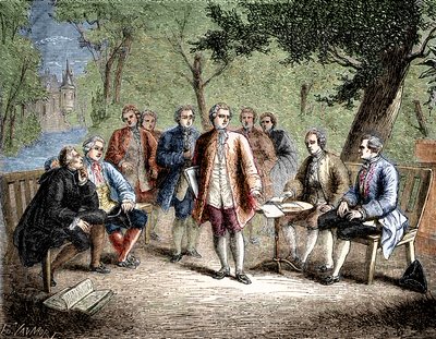 Charles de Secondat Montesquieu med det vetenskapliga cenaklet på Castle Clairac, Frankrike - Det vetenskapliga cenaclet på chateau de Clairac: Montesquieu och baronen de Secondat, hans, riddaren av Vivens, Romas och Dutilh-bröderna - i "Album de la Scienc av Unknown artist