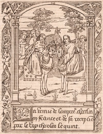 Karl den femte tar emot kejsar Karl IV, den helige romerske kejsaren och kungen av Böhmen av Unknown