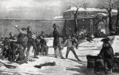 Barndom av Napoleon I Bonaparte (1769 - 1821) vid militärskolan i Brienne le Chateau (Dawn) 1782: Napoleon mitt i en snöbollsstrid mellan barn. av Unknown artist