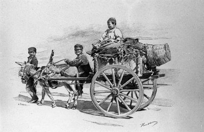 Barn till folket på en vagn dragna av en åsna. Siciliens gravyr från 1800-talet av Unknown artist