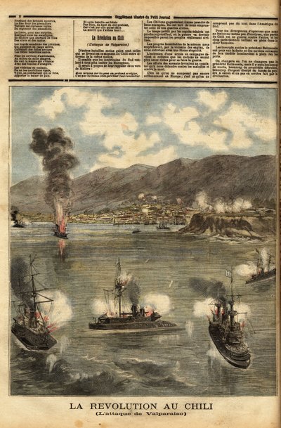 Chile, mitt i inbördeskriget, strax efter att ha vunnit självständighet, bombade upprorsmaktens slagskepp, kallade kongressledamöter, chilenska hamnar för att kämpa mot president Jose Manuel Balmacedas (1840-1891) inflytande och politik. Gravyr i "" Le pet av Unknown artist