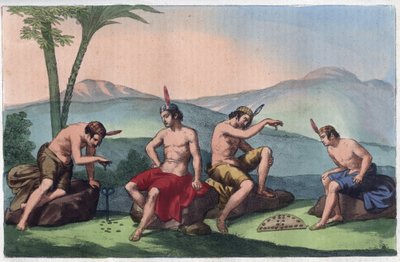 Chilenska infödda indianer som spelar Queciu och Porotos, Chile - gravyr från "" Seder och traditioner för alla folk i universum. Det är historien om regeringen, om lagarna, om milisen, om religionen för alla nationer från de mest avlägsna tider upp till n av Unknown artist