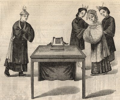 Kinesisk sed: underteckna ett äktenskapskontrakt. En tablett med de två makarnas namn läggs på ett bord med två duvor. Gravyr i ""The Illustrated London News"" av 14 februari 1857. av Unknown artist