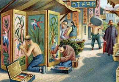 Kinesiska plumassiers som arbetar på gatan: de gör paneler eller skärmar med hjälp av en nål och fjädrar. Kromolitografi av 1800-talet av Unknown artist