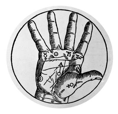 Chiromanti och spådomsförutsägelse: representation av de olika linjerna i handen som tillåter tolkningen av personligheten. Gravyr från 1600-talet av Unknown artist