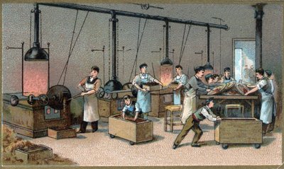 Chokladtillverkning. Kakao Torrefaction Room. Kromolitografi från slutet av 1800-talet av Unknown artist