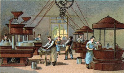 Chokladtillverkning, blandningsrum. Kromolitografi från slutet av 1800-talet av Unknown artist
