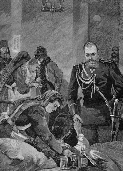 Kolera i Ryssland 1892: Alexander III, Rysslands kejsare och hans fru Maria Feodorovna, Rysslands kejsare besöker ett sjukhus. Gravyr från 1892. av Unknown artist