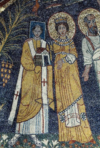 Kristus bland St Paul, St Cecilia, St Pascal, St Peter, St Valeriano och St Agata (Mosaic, 821) av Unknown artist