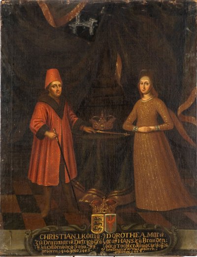 Christian I av Danmark, Norge och Sverige och drottning Dorothee av Brandenburg Kulmbach - kung Christian I av Danmark (1426-1481) och drottning Dorothea (1430-1496), anonym Olja på duk. Mått: 102x80 cm. Nationalmuseum Stockholm av Unknown artist