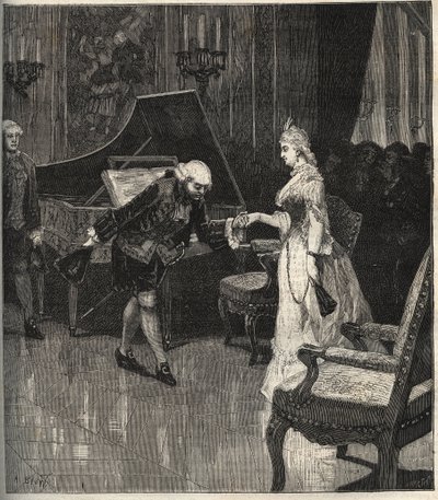 Christoph Willibald Gluck före drottningen Marie-Antoinette i Trianon - Christoph Willibald Gluck (1714-1787), tysk kompositör som spelar framför drottning Marie Antoinette en Trianon - gravyr i "" Popular Music""" illustrerad veckotidning - 1882 av Unknown artist