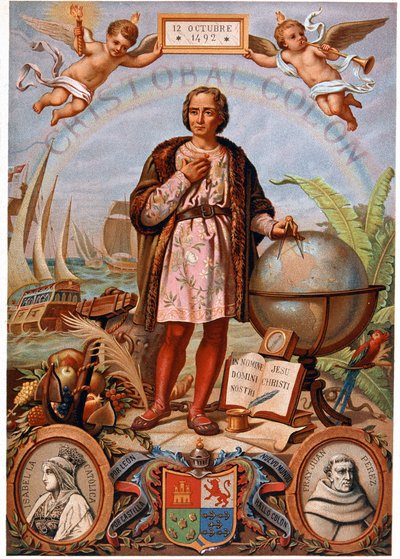 Christopher Columbus. Till vänster, porträtt av Isabella den katolska, drottning av Kastilien (1451-1504). Spansk kromolitografi från 1800-talet av Unknown artist