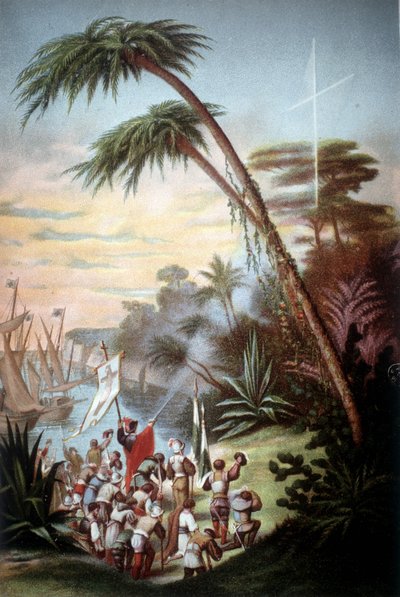 Christopher Columbus anlände till San Salvador 1492. av Unknown artist