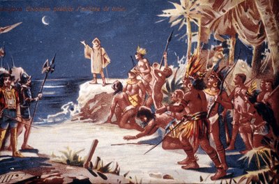 Christopher Columbus förutspår månförmörkelsen för indianerna. 1800-talets kromolitografi. av Unknown artist