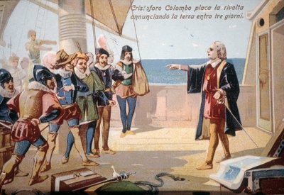Christopher Columbus stoppade besättningens revolt genom att tillkännage landet inom tre dagar. kromolitografi 1800-talet. av Unknown artist