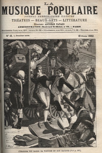 Cimarosa ser sin bil och sitt bagage beslagtas Domenico Cimarosa (1749-1801), italiensk kompositör från 1700-talet. gravyr i "" Popular Music """ lysande veckotidning - 1882 av Unknown artist