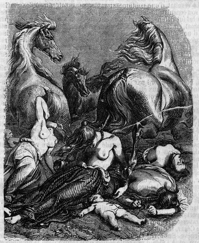 Cimbres-kriget omkring 120 f.Kr.: kvinnor, äldste och barn av Ambrons-stammen (Ambrones) kastar sig under fiendens hästar eller dör för att undvika slaveri av romarna. av Unknown artist
