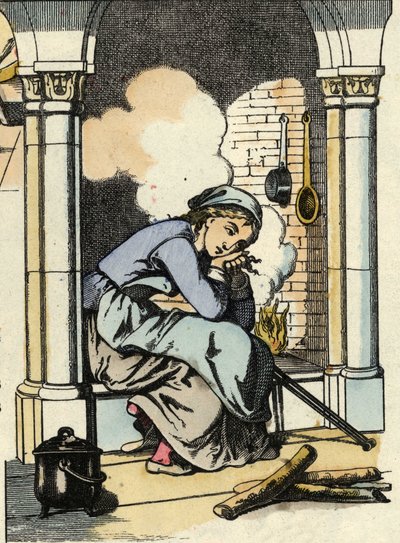 Askungen drömmer om ett bättre liv nära den öppna spisen i köket. Illustration av Charles Perraults berättelse "Askungen eller La petite slipper de verre" av Unknown artist