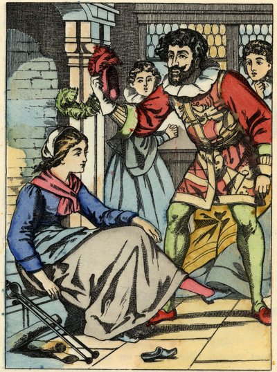 Askungen provar glasskon som hittats av prinsen. Illustration av Charles Perraults berättelse "Askungen eller La petite slipper de verre" av Unknown artist