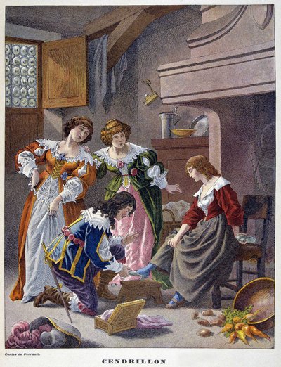 Askungen provar toffeln av vair - i "" Les Tales de Perrault"" av Unknown artist