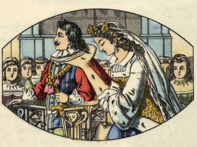 Askungens bröllop med prinsen. Illustration av Charles Perraults berättelse "Askungen eller La petite slipper de verre" av Unknown artist