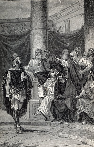 Cineas viktig rådgivare till kung Pyrrhus som försöker förhandla med romarna efter slaget vid Heraclea 280 f.Kr., gravyr 1884 av Unknown artist