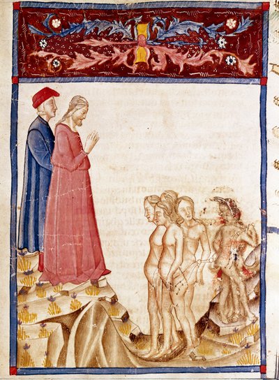 Circle of Traitors: Dante och Vergilius möter själarna från välgörarnas förrädare. Upplyst sida som illustrerar helvetets 34:e sång hämtar från "Divina Commedia" av Dante Alighieri (1265-1321). 1300-talet, Venedig, Biblioteca Marciana av Unknown artist