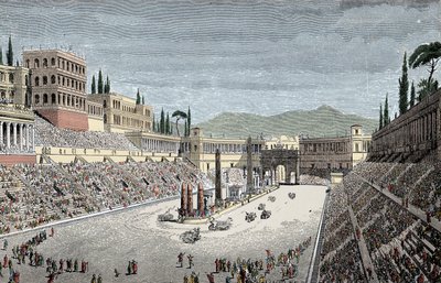 Circus Maximus - Den stora cirkusen eller cirkus Maxime, i Rom, med en strid för vagnar - Färggravyr av Unknown artist