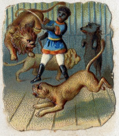 Cirkus: en tämjare i en bur med vilda djur. av Unknown artist