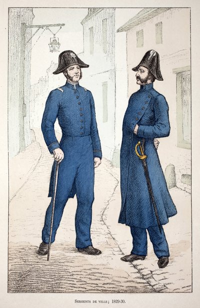Stadssergeanter (1829-1830). Etsning i färger, för illustration "" History of the Corps of Peacekeepers""" bok publicerad under beskydd av Louis Lepine (1846-1933), prefekt för polisen på Seine, av Alfred Rey (1864-?) och Louis Feron (1862) -?) av Unknown artist
