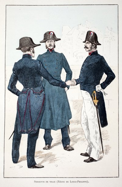 Stadssergeanter, regeringstid av Louis-Philippe I (Louis Philippe) av Orleans (1773-1850). Etsning i färger, för illustration "" History of the Corps of Peacekeepers""" bok publicerad under beskydd av Louis Lepine (1846-1933), prefekt för polisen i av Unknown artist