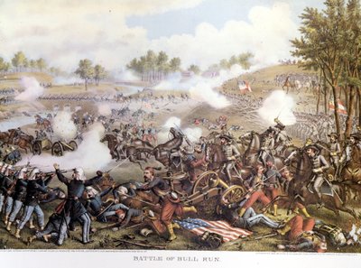 Inbördeskriget (1861 - 1865), Amerikanska inbördeskriget 1861-07-21: Första slaget vid Bull Run eller Första slaget vid Manassas: Virginia, konfederationen under befäl av general Beauregard besegrade general Mac Dowells nordiska trupper. Gravyr. av Unknown artist
