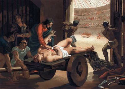 Claude Galien (Klaudios Galenos eller Claudio Galeno eller Claudius Galenus eller Galen, v. 131 - v. 201), grekisk läkare som behandlar en gladiator. Barcelona 1881 av Unknown artist