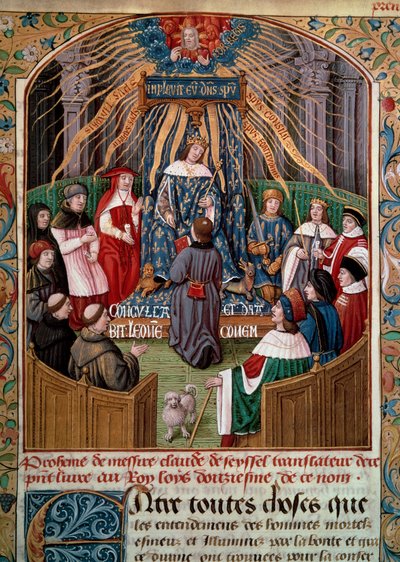 Claude de Seyssel (död 1520) erbjuder sin bok till kung Ludvig XII (1462-1515) Miniatyr från Claude de Seyssels "La Grande Monarchy de France" av Unknown artist